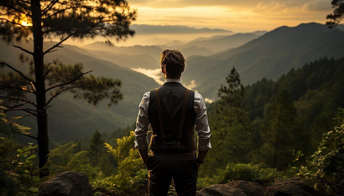 Homem bem-vestido no topo de uma montanha ao amanhecer, representando a conquista da transformação pessoal e a felicidade de ser autêntico e ter amor-próprio.