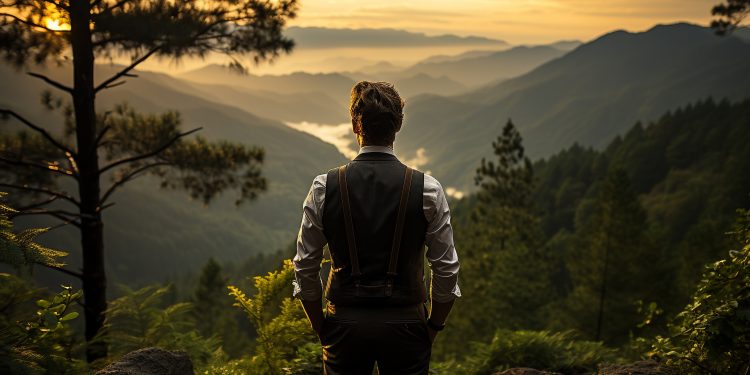 Homem bem-vestido no topo de uma montanha ao amanhecer, representando a conquista da transformação pessoal e a felicidade de ser autêntico e ter amor-próprio.