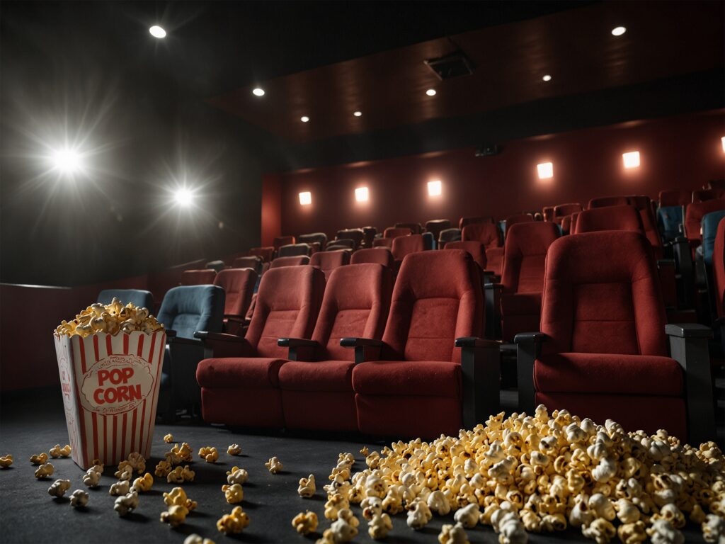Sala de cinema vazia com poltronas vermelhas, vista do corredor. Em primeiro plano, um balde de pipoca clássico e pipoca derramada no chão, com a luz do projetor ao fundo.