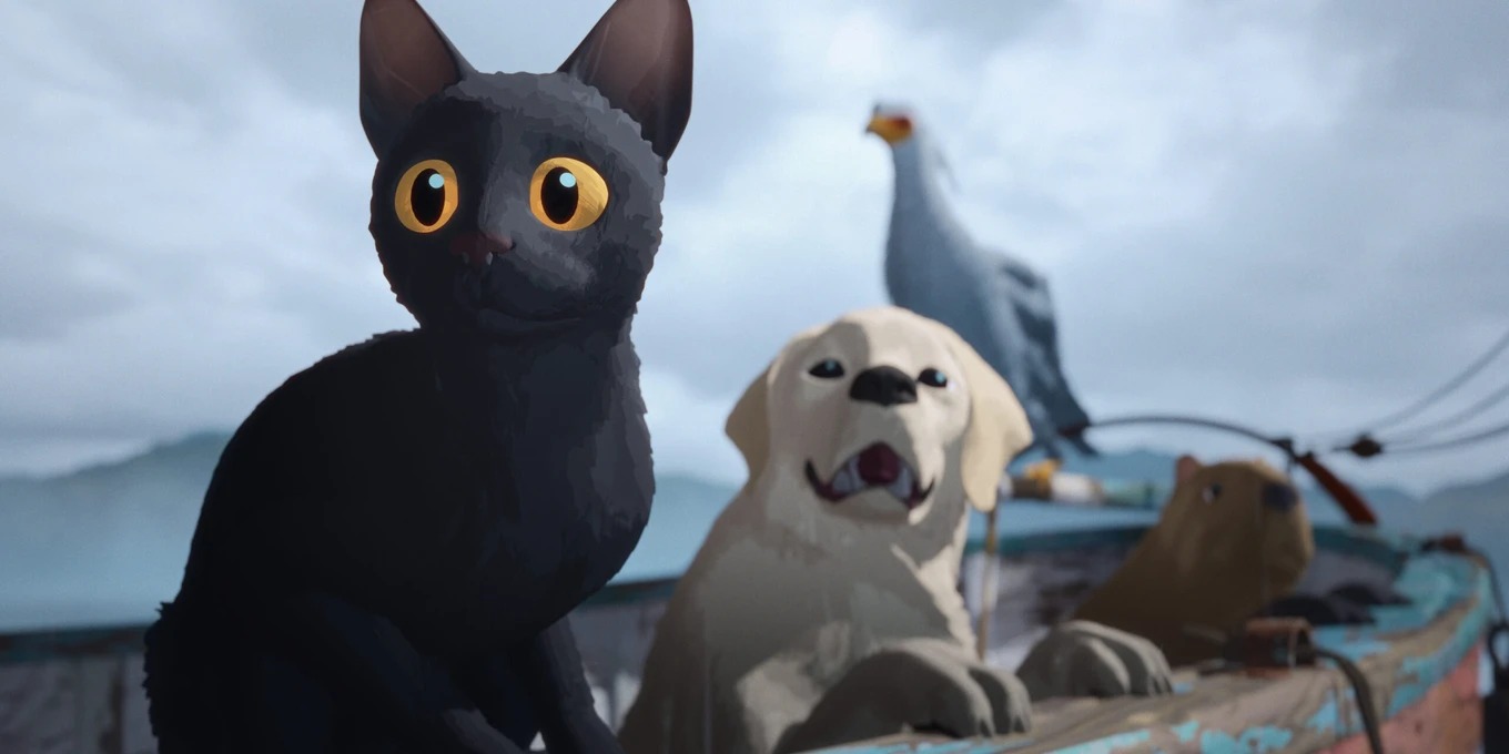 Cena da animação Flow mostrando um gato preto com olhos grandes, um cachorro, uma capivara e um pássaro juntos em um barco.