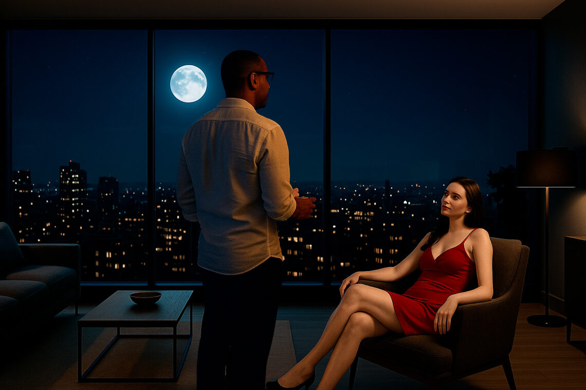 Homem olhando a lua pela janela enquanto mulher sentada em poltrona observa com expressão enigmática, em ambiente noturno e íntimo.