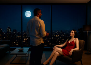 Homem olhando a lua pela janela enquanto mulher sentada em poltrona observa com expressão enigmática, em ambiente noturno e íntimo.