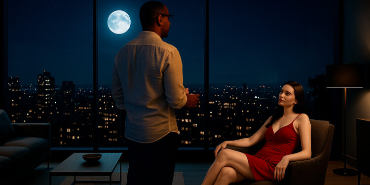 Homem olhando a lua pela janela enquanto mulher sentada em poltrona observa com expressão enigmática, em ambiente noturno e íntimo.