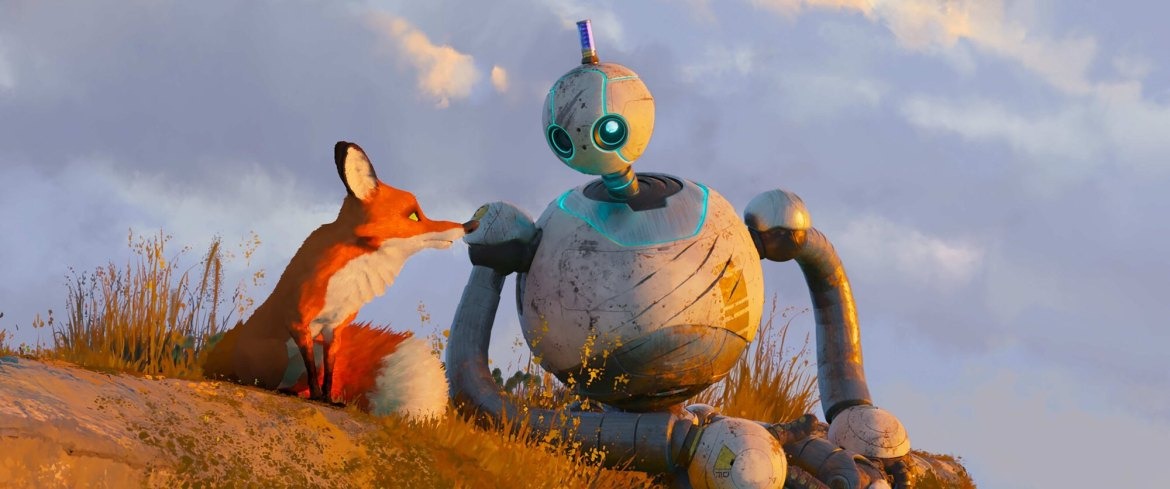 Cena da animação O Robô Selvagem, mostrando a robô Roz e uma raposa interagindo amigavelmente em uma colina ao pôr do sol.