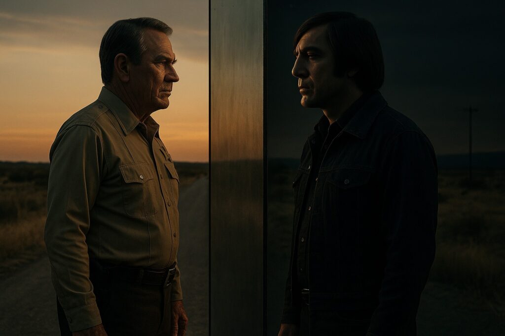 Dois homens semelhantes se encaram em um deserto ao entardecer, separados por um espelho que simboliza a dualidade entre bem e mal.