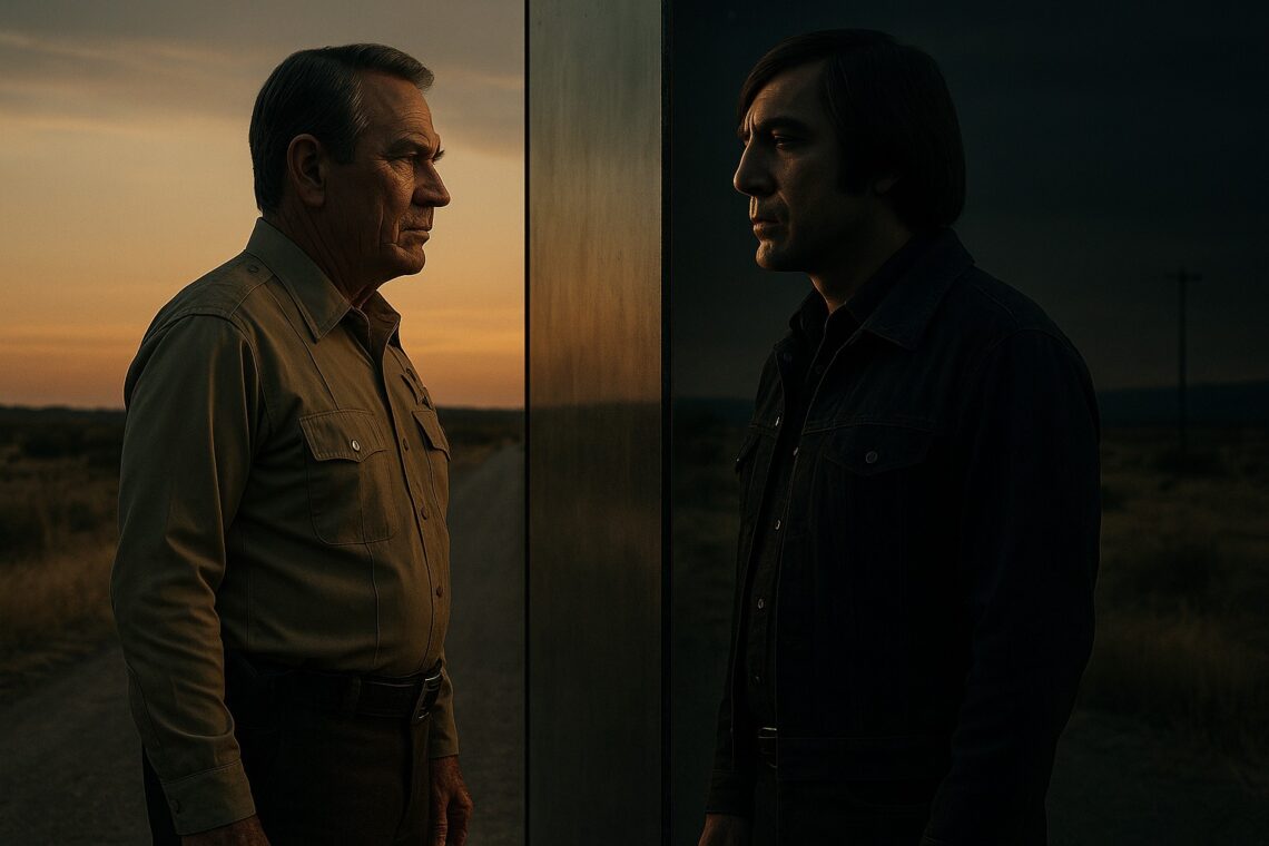 Dois homens semelhantes se encaram em um deserto ao entardecer, separados por um espelho que simboliza a dualidade entre bem e mal.