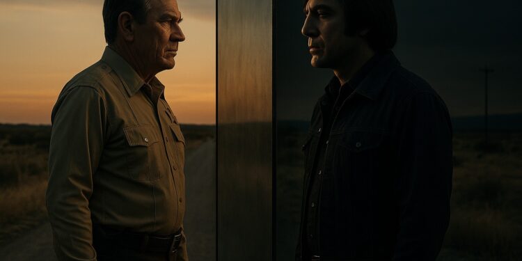 Dois homens semelhantes se encaram em um deserto ao entardecer, separados por um espelho que simboliza a dualidade entre bem e mal.