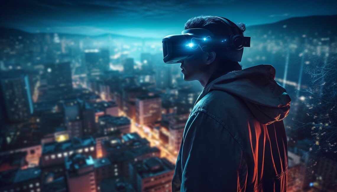 Jovem vestindo um headset de realidade virtual enquanto observa uma paisagem urbana futurista, ilustrando as tendências de tecnologia de 2025.