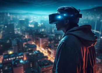 Jovem vestindo um headset de realidade virtual enquanto observa uma paisagem urbana futurista, ilustrando as tendências de tecnologia de 2025.