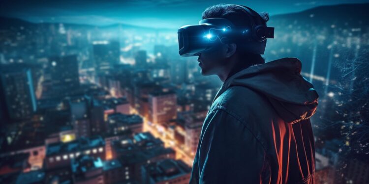 Jovem vestindo um headset de realidade virtual enquanto observa uma paisagem urbana futurista, ilustrando as tendências de tecnologia de 2025.