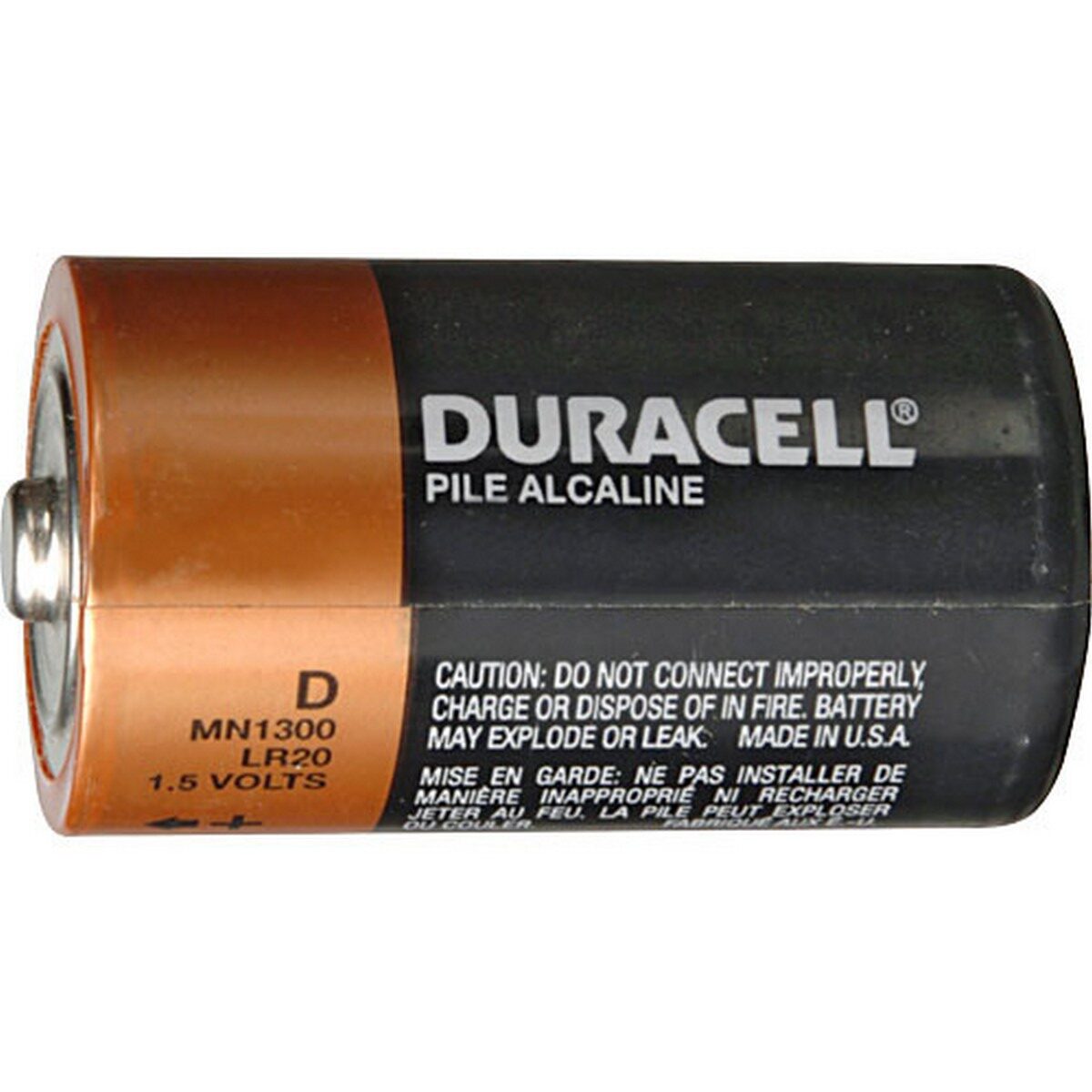 Pilha Duracell grande, tipo D (LR20), com as cores características da marca, preta e cobre.
