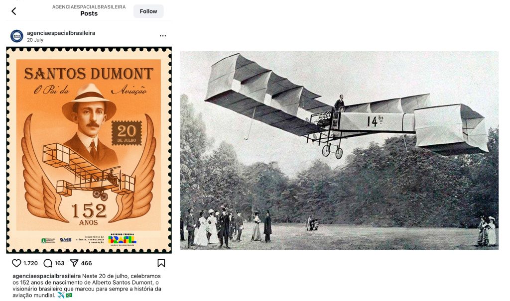 Comparativo entre a imagem errada do 14-Bis criada por IA pela AEB e uma foto histórica do voo real de Santos Dumont.