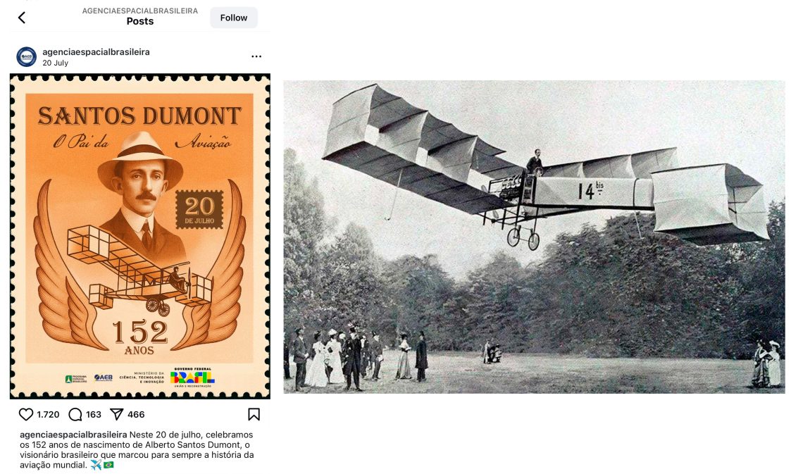 Comparativo entre a imagem errada do 14-Bis criada por IA pela AEB e uma foto histórica do voo real de Santos Dumont.