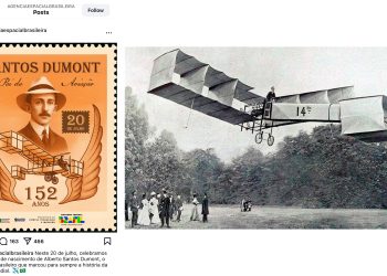 Comparativo entre a imagem errada do 14-Bis criada por IA pela AEB e uma foto histórica do voo real de Santos Dumont.