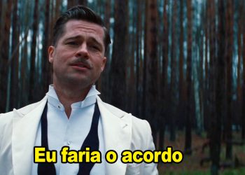 Brad Pitt com bigode e terno branco em uma floresta, legenda "Eu faria o acordo".