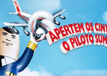 Pôster do filme Apertem os Cintos, o Piloto Sumiu!, mostrando um avião com um nó no meio e o piloto inflável Otto.