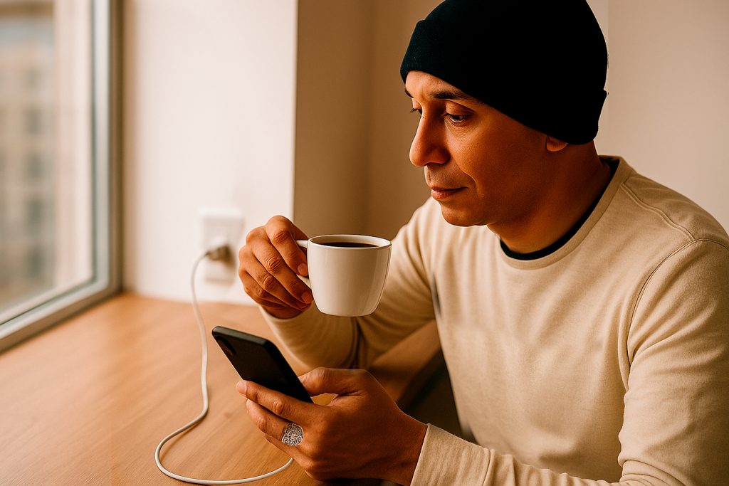 Homem de touca preta olha para o celular enquanto segura uma xícara de café, com o aparelho conectado ao carregador na tomada.