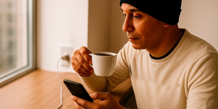Homem de touca preta olha para o celular enquanto segura uma xícara de café, com o aparelho conectado ao carregador na tomada.