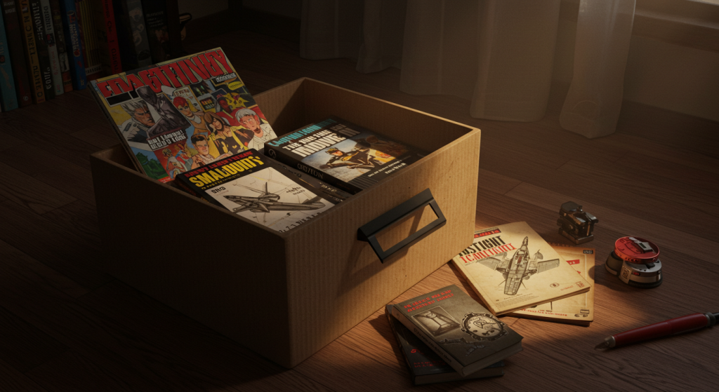 Caixa de papelão com revistas de banda desenhada vintage e livros infantis de desenhos de aviões a jato. Livros adicionais, um apontador de lápis e um lápis vermelho estão espalhados no chão de madeira.