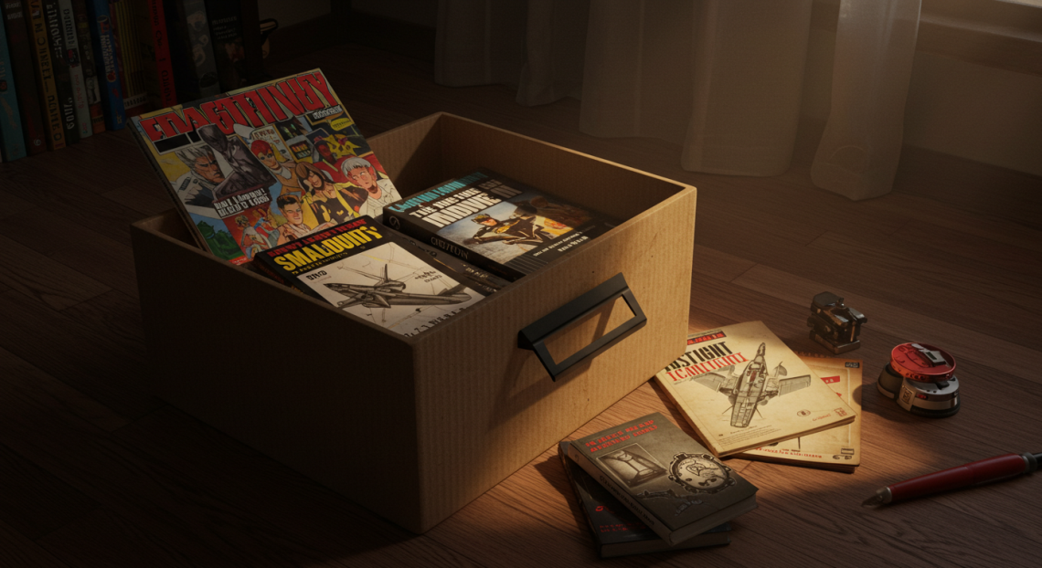 Caixa de papelão com revistas de banda desenhada vintage e livros infantis de desenhos de aviões a jato. Livros adicionais, um apontador de lápis e um lápis vermelho estão espalhados no chão de madeira.