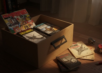 Caixa de papelão com revistas de banda desenhada vintage e livros infantis de desenhos de aviões a jato. Livros adicionais, um apontador de lápis e um lápis vermelho estão espalhados no chão de madeira.