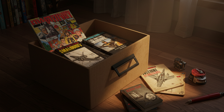 Caixa de papelão com revistas de banda desenhada vintage e livros infantis de desenhos de aviões a jato. Livros adicionais, um apontador de lápis e um lápis vermelho estão espalhados no chão de madeira.