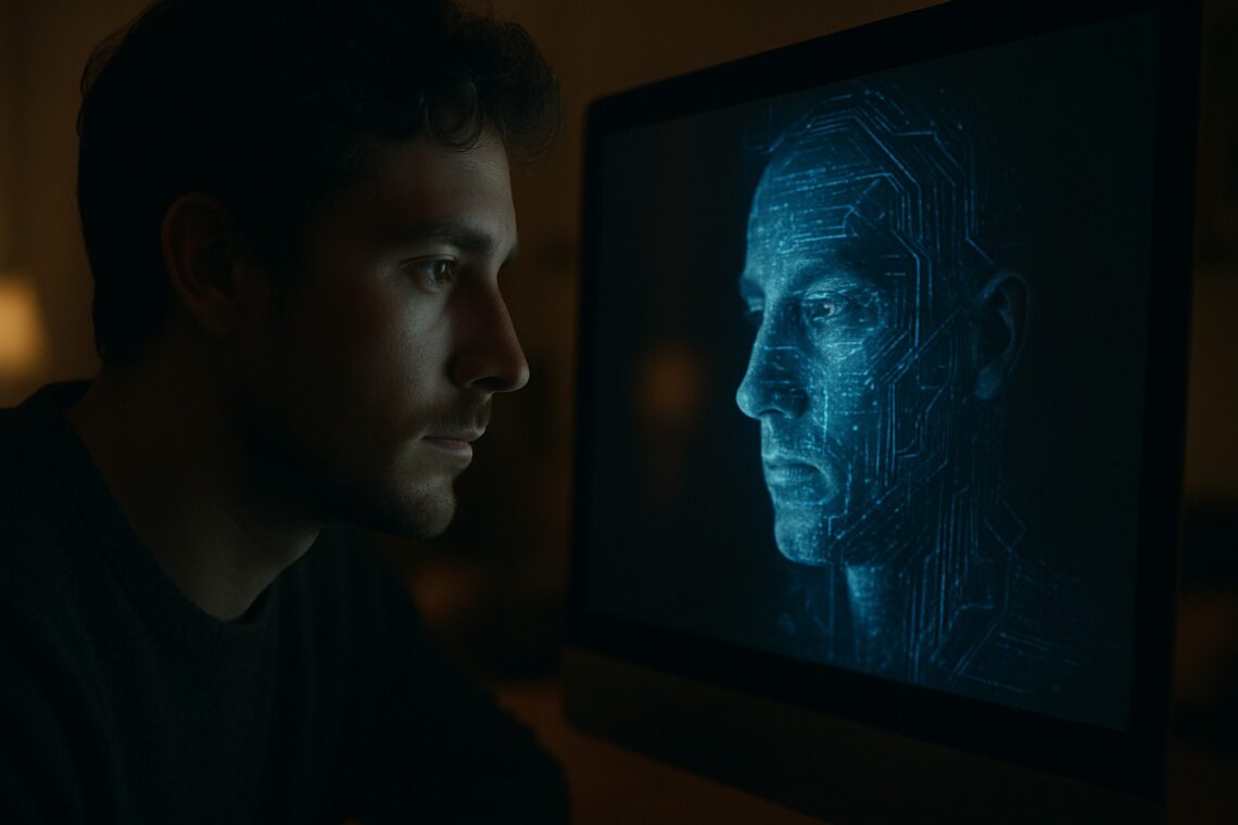Homem olhando para a tela de um monitor que exibe um rosto humanoide feito de circuitos digitais, simbolizando a IA como um espelho da consciência.