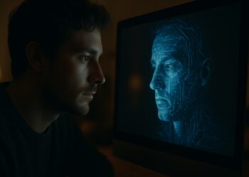 Homem olhando para a tela de um monitor que exibe um rosto humanoide feito de circuitos digitais, simbolizando a IA como um espelho da consciência.