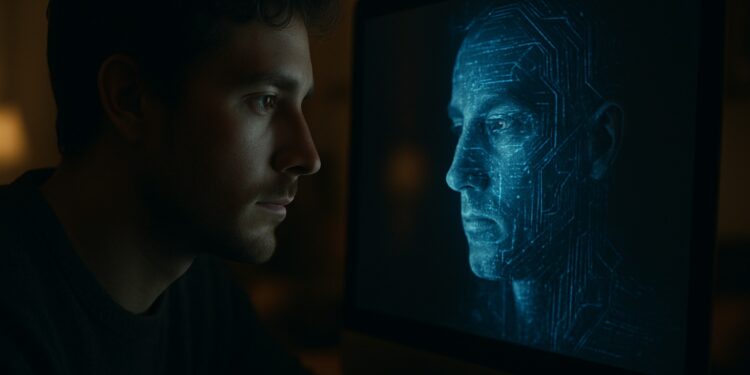Homem olhando para a tela de um monitor que exibe um rosto humanoide feito de circuitos digitais, simbolizando a IA como um espelho da consciência.