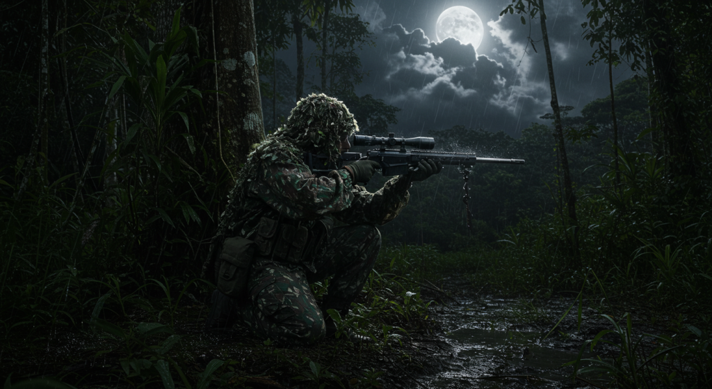 Sniper do exército em traje de camuflagem ghillie, ajoelhado na selva amazônica à noite, sob chuva e com a lua cheia ao fundo.