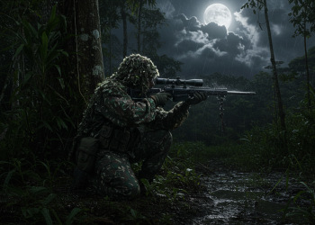 Sniper do exército em traje de camuflagem ghillie, ajoelhado na selva amazônica à noite, sob chuva e com a lua cheia ao fundo.