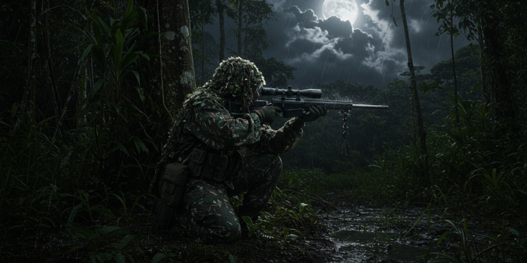 Sniper do exército em traje de camuflagem ghillie, ajoelhado na selva amazônica à noite, sob chuva e com a lua cheia ao fundo.