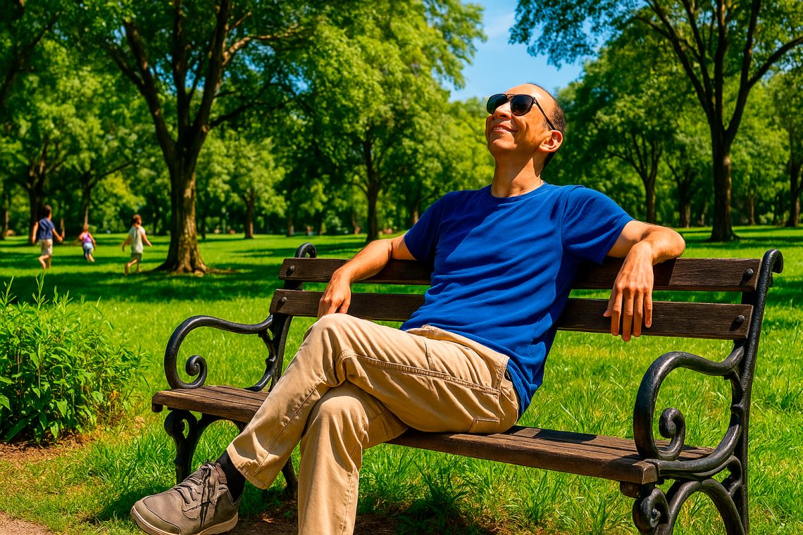 Homem de óculos escuros e camisa azul sentado relaxadamente em um banco de parque, olhando para o sol com uma expressão de paz e contentamento.
