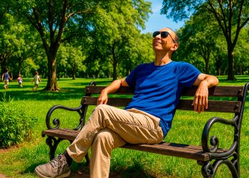 Homem de óculos escuros e camisa azul sentado relaxadamente em um banco de parque, olhando para o sol com uma expressão de paz e contentamento.