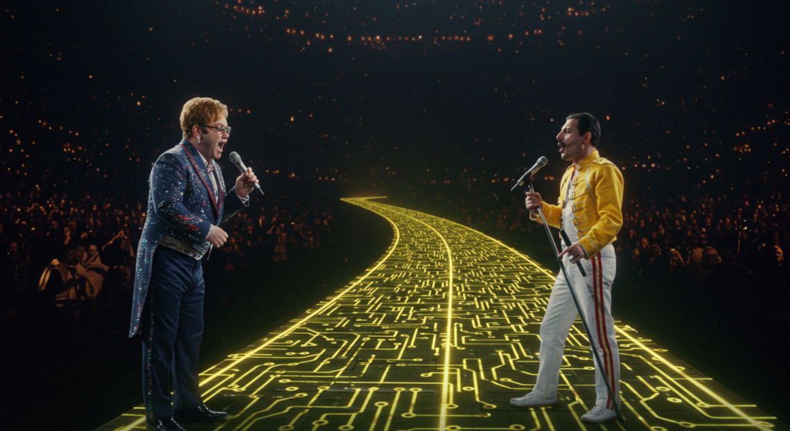 Imagem fotorrealista de Elton John e Freddie Mercury cantando juntos em um palco, olhando para uma estrada de tijolos amarelos que brilha com um padrão de circuito digital.