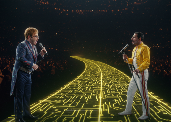 Imagem fotorrealista de Elton John e Freddie Mercury cantando juntos em um palco, olhando para uma estrada de tijolos amarelos que brilha com um padrão de circuito digital.
