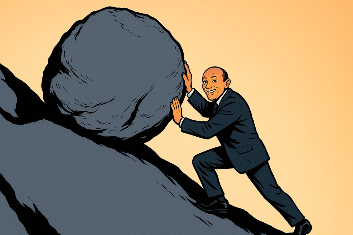 Homem de terno, um Sísifo moderno, sorrindo enquanto empurra uma pedra gigante montanha acima, em uma ilustração estilo pop art.