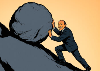 Homem de terno, um Sísifo moderno, sorrindo enquanto empurra uma pedra gigante montanha acima, em uma ilustração estilo pop art.