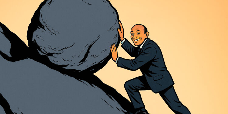 Homem de terno, um Sísifo moderno, sorrindo enquanto empurra uma pedra gigante montanha acima, em uma ilustração estilo pop art.