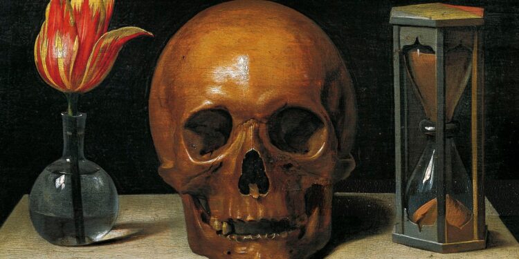 Uma pintura de natureza-morta no estilo Vanitas. No centro, uma caveira humana simboliza a morte. À esquerda, uma tulipa em um vaso de vidro representa a beleza passageira da vida. À direita, uma ampulheta marca a passagem do tempo. O fundo é escuro, destacando os três elementos que convidam à reflexão sobre a finitude.