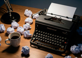 Mesa de um escritor com uma máquina de escrever Underwood 5 e coberta de papéis amassados, simbolizando a luta criativa e a pressão do perfeccionismo.