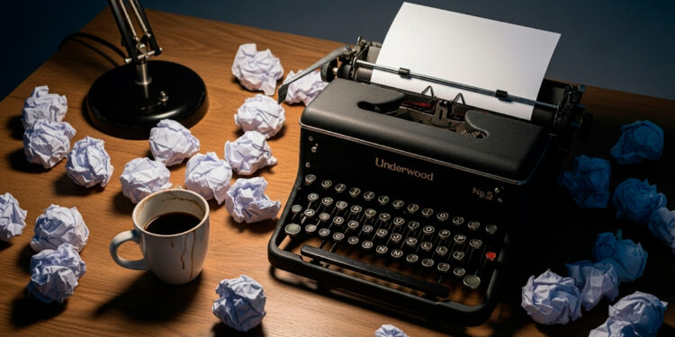 Mesa de um escritor com uma máquina de escrever Underwood 5 e coberta de papéis amassados, simbolizando a luta criativa e a pressão do perfeccionismo.