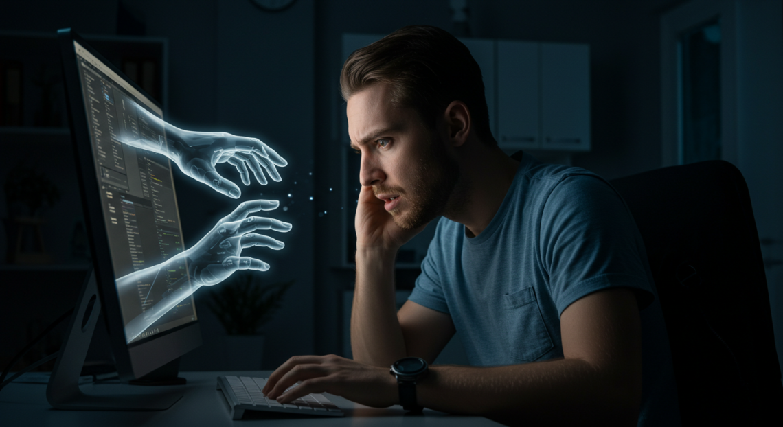 Homem preocupado olhando para mãos digitais saindo da tela de um computador em um quarto escuro, simbolizando a influência da IA e os riscos à saúde mental.