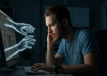 Homem preocupado olhando para mãos digitais saindo da tela de um computador em um quarto escuro, simbolizando a influência da IA e os riscos à saúde mental.