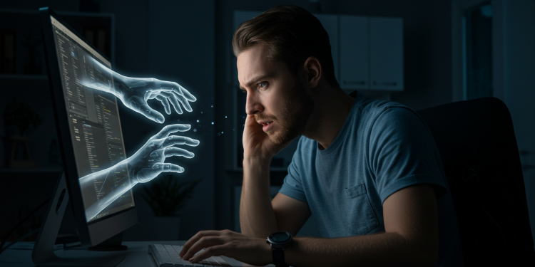 Homem preocupado olhando para mãos digitais saindo da tela de um computador em um quarto escuro, simbolizando a influência da IA e os riscos à saúde mental.