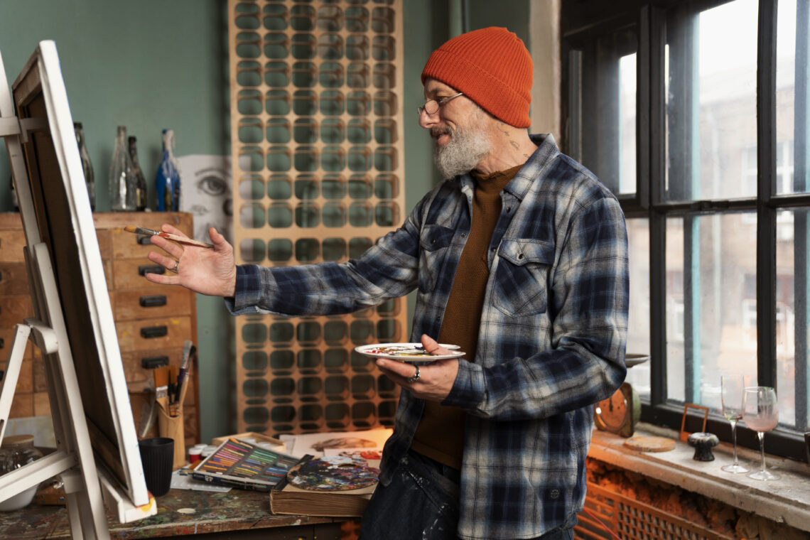 Homem mais velho, de barba e gorro laranja, sorrindo enquanto pinta um quadro em seu estúdio, representando a alegria de trabalhar com propósito.