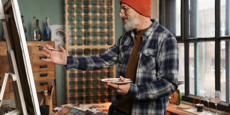Homem mais velho, de barba e gorro laranja, sorrindo enquanto pinta um quadro em seu estúdio, representando a alegria de trabalhar com propósito.