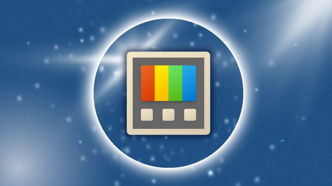 Ícone do Microsoft PowerToys flutuando sobre um fundo azul estrelado, representando o poder e o universo de possibilidades da ferramenta.