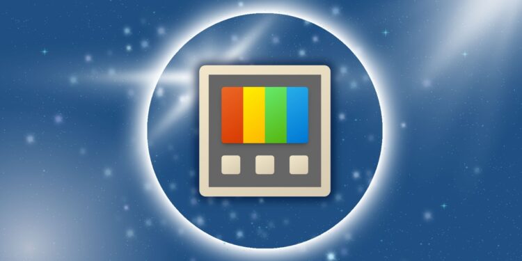 Ícone do Microsoft PowerToys flutuando sobre um fundo azul estrelado, representando o poder e o universo de possibilidades da ferramenta.