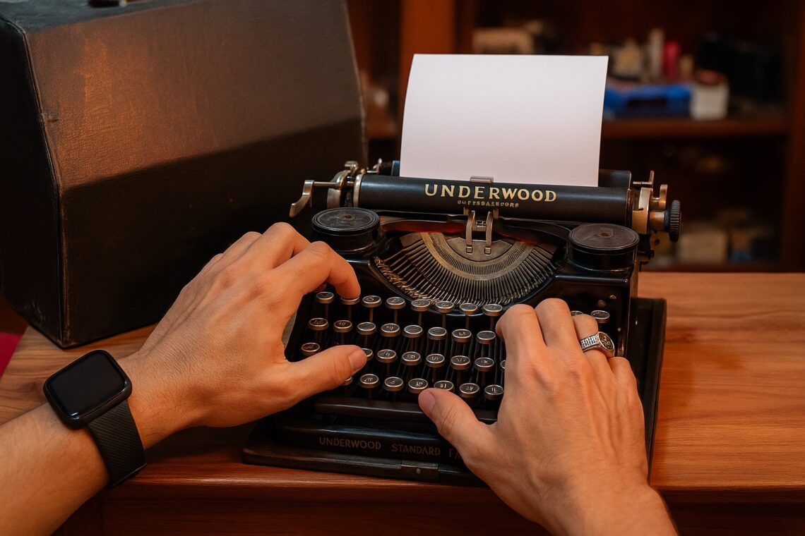 Close-up das mãos de um homem digitando em uma máquina de escrever Underwood preta e antiga sobre uma mesa de madeira.